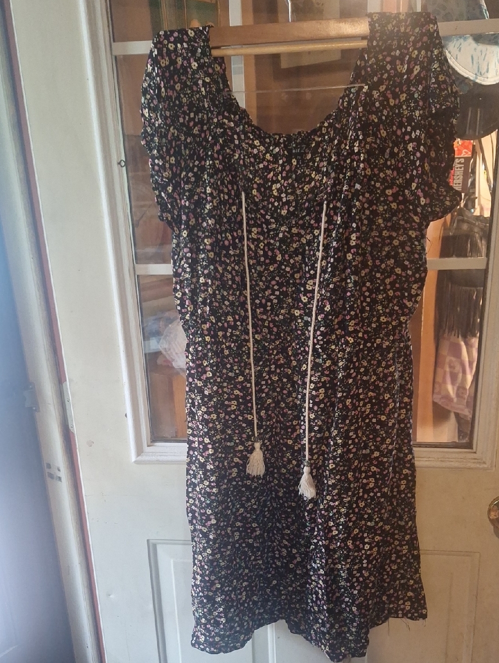 Black Floral Tie-Front Smocked Dress